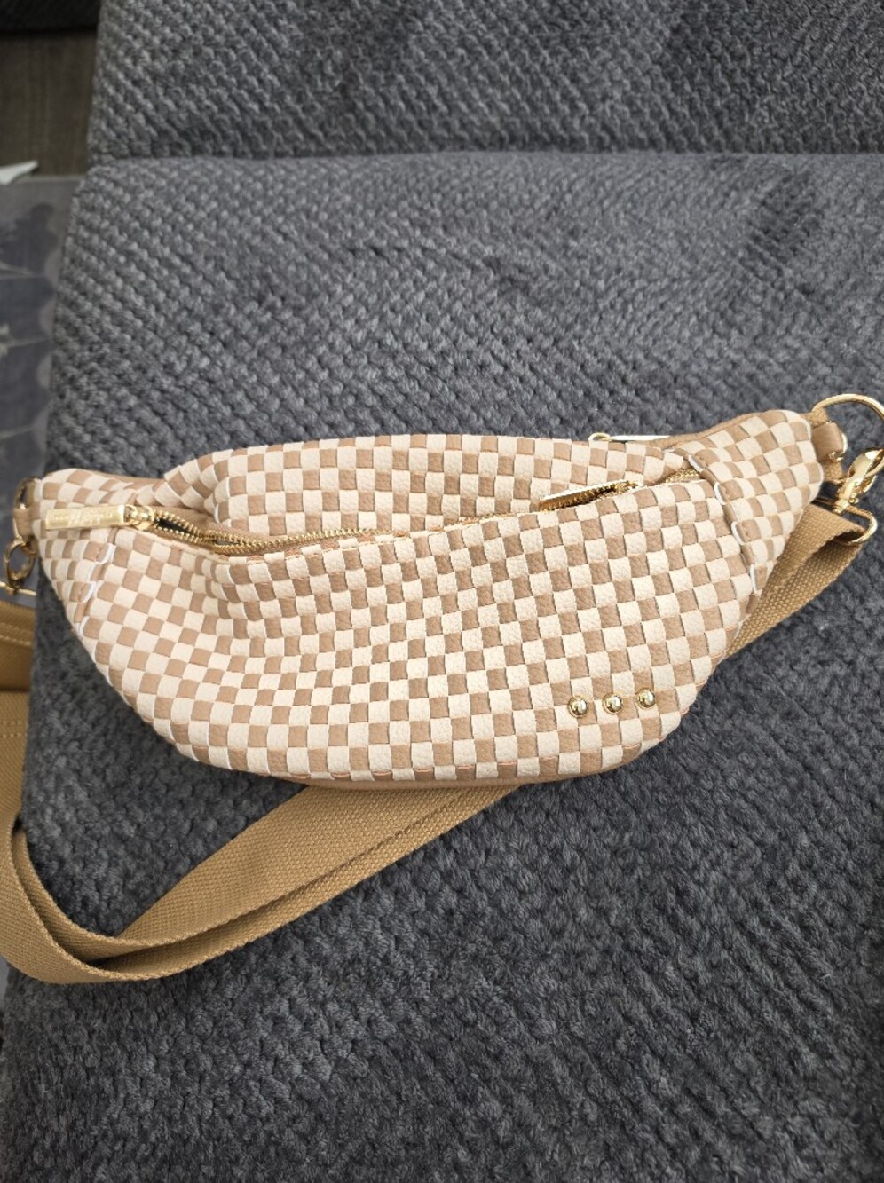 Beige Woven Checkered Crossbody Satchel with Gold Hardware